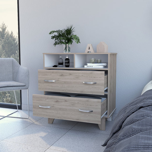 English Elm Portobelo modern two-drawer dresser with open shelves, sturdy top & four legs for stylish storage and display Multicolor 36 L x 21 W x 4 H B128S00110
