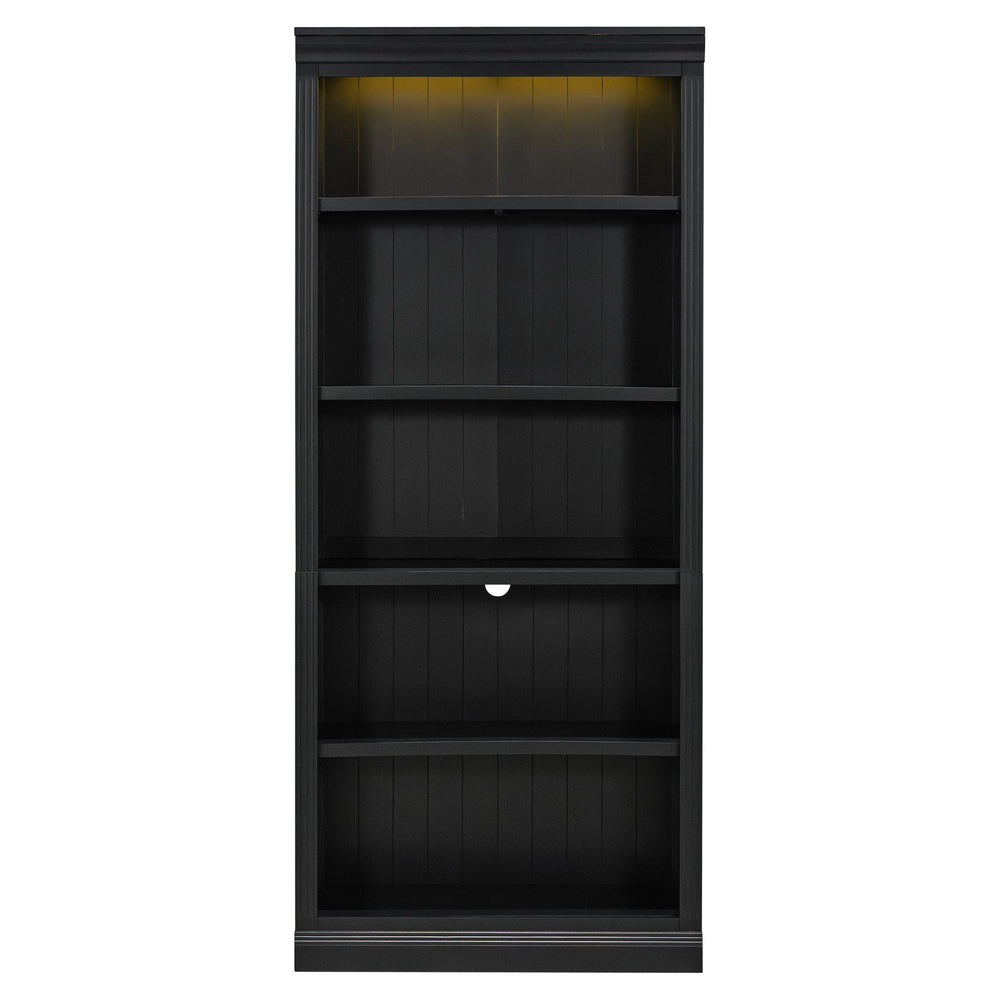 English Elm 83.4" Tall Wood Bookcase with LED Light Strip, 5-Tier Adjustable Shelves, Cable Hole, Modern Black Storage Organizer N751S246934B
