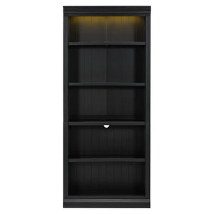 English Elm 83.4" Tall Wood Bookcase with LED Light Strip, 5-Tier Adjustable Shelves, Cable Hole, Modern Black Storage Organizer N751S246934B