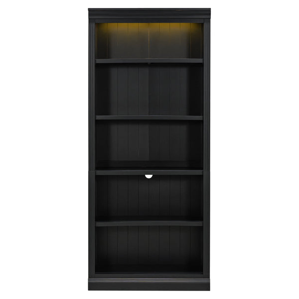 English Elm 83.4" Tall Wood Bookcase with LED Light Strip, 5-Tier Adjustable Shelves, Cable Hole, Modern Black Storage Organizer N751S246934B