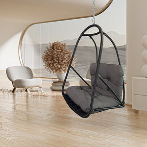 English Elm without Swing Egg Chair Rattan Hanging Patio Basket with C-Bracket, Foldable, Cup Holder, Cushions, Durable Metal Frame Black W2707P388615