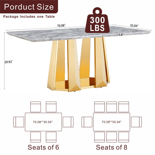 English Elm Marble Dining Table For 6 - Modern Faux Marble Rectangle Table With Gold Stainless Steel Base W3456S00041