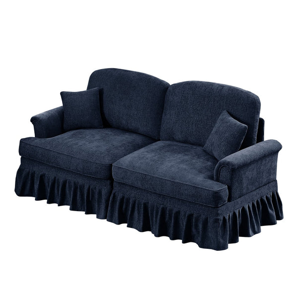 English Elm Elegant Mid Century Two-Seater Sofa Couch With Removable Ruffles, Chenille, Blue Upholstery & Spindle Legs W3041S00252