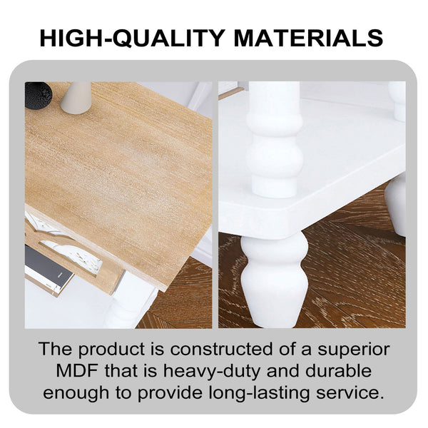 English Elm 48 Inch Console Table Natural+White with 2 Drawers & Bottom Shelf, Solid Wood Legs, Vintage Chic MDF Design W716P197959