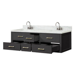 English Elm Black Double Bath Vanity With Carrara Marble Top, Soft-Close Drawers & Complete Faucet Set Included B2731P258034