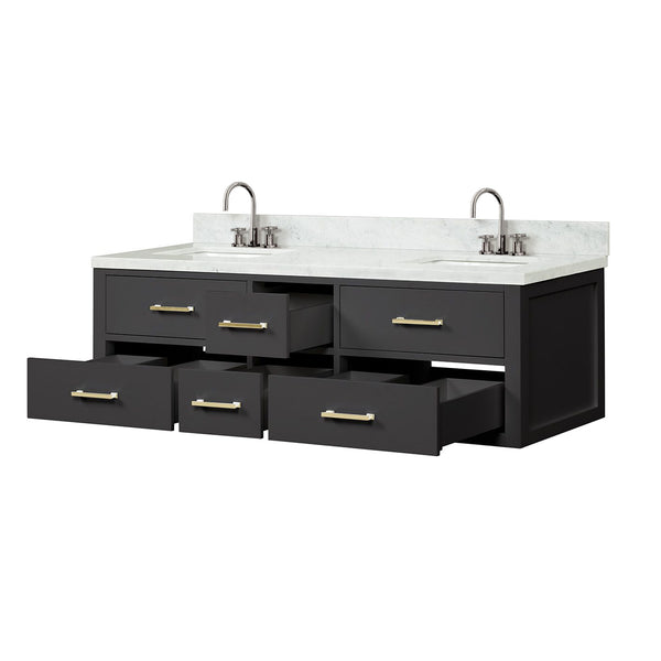 English Elm Black Double Bath Vanity With Carrara Marble Top, Soft-Close Drawers & Complete Faucet Set Included B2731P258034