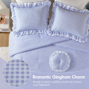 English Elm 4-piece Gingham Ruffle Comforter Set Romantic Cottage Bedroom Brushed Polyester Fill Blue B035P463186