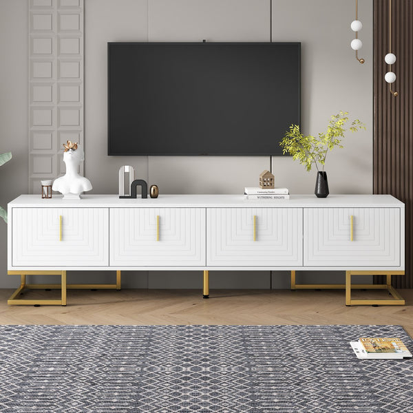 English Elm ON-TREND Modern TV Stand with Geometric Doors, Gold Metal Base, Adjustable Shelves & Cable Management White+Gold WF325614AAK