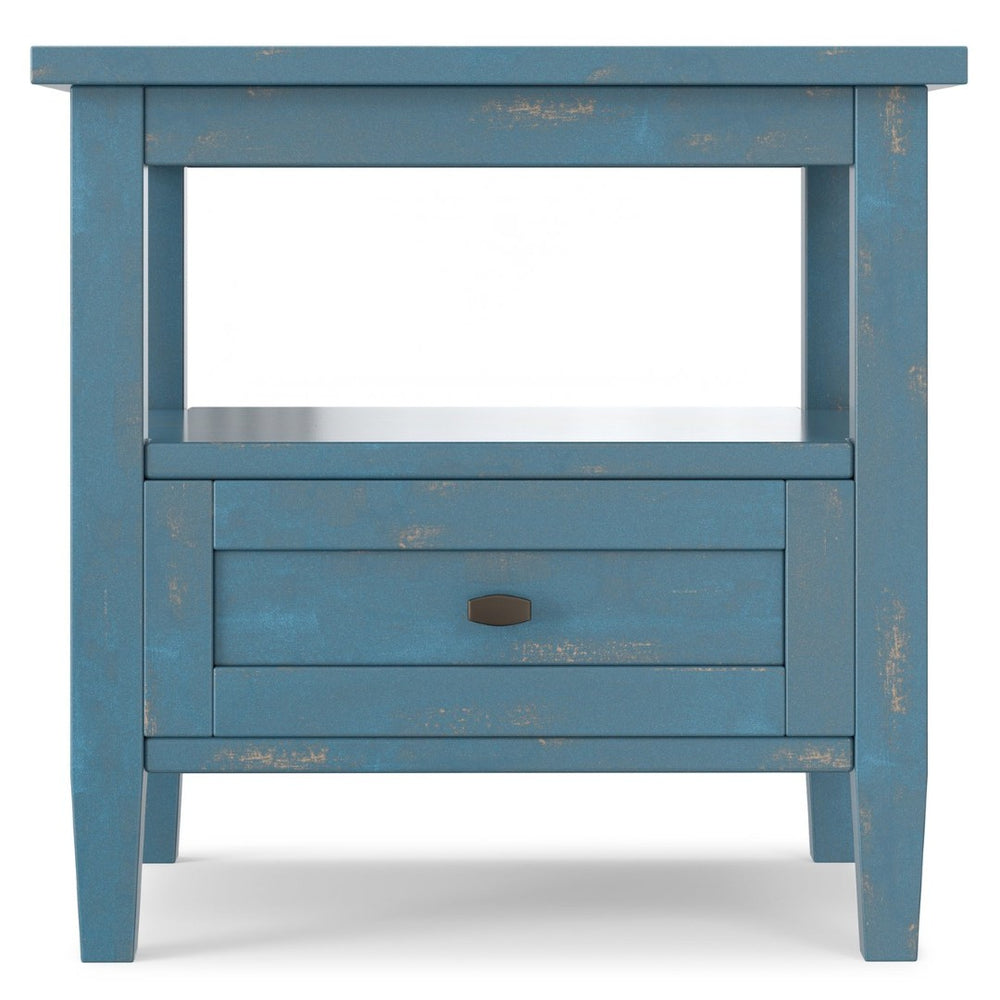 English Elm Warm Shaker Solid Wood End Table Distressed Blue Coastal Finish Bronze Hardware B136P420274