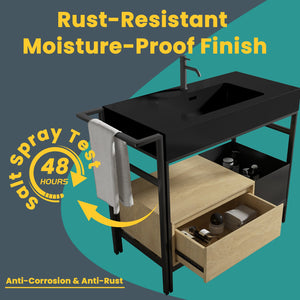 English Elm FORTE 36" Industrial Modular Bathroom Vanity with Durable Metal Frame, Quartz Basin, Soft-Close Drawer Black,Oak W1865S00175