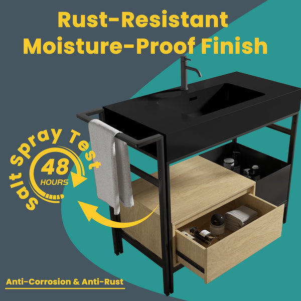 English Elm FORTE 36" Industrial Modular Bathroom Vanity with Durable Metal Frame, Quartz Basin, Soft-Close Drawer Black,Oak W1865S00175