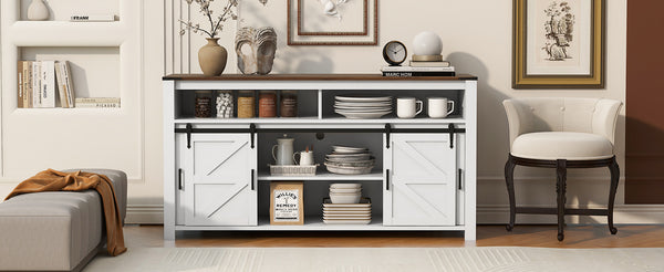 English Elm U_STYLE Farmhouse 59.3" Sideboard with Sliding Barn Doors, Mesh Panels, Open Shelves & Sturdy Top Brown+White N711P347388K