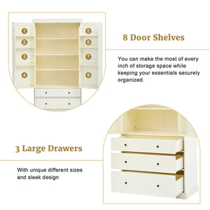 English Elm [Assembly 77in Farmhouse Kitchen Pantry Tall Freestanding Storage Cabinet with 3 Adjustable Shelves, 8 Door Shelves, 3 Drawers, Durable MDF Cream SP000047AAA