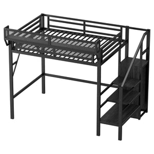 English Elm Twin Twin Size Loft Bed with Stairs and Built-In Shelves, Metal High Loft with Wardrobe for Kids Teens Black W2580S00035