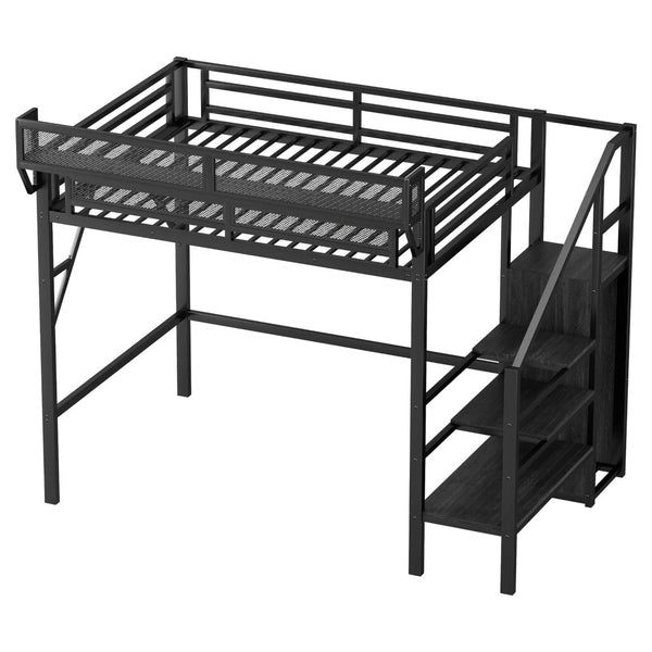 English Elm Twin Xl Loft Bed With Stairs & Storage Shelves, Metal High Bed For Teens & Small Spaces, Black W2580S00049-GIGA