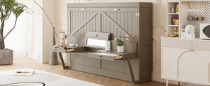 English Elm Queen Murphy Bed Cabinet with Vanity Desk Hydraulic Lift Mirror Distressed Finish Gray LP000766AAE-1