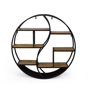 English Elm Christopher Knight Home® - Metal Wall Shelf with wood and iron frame — decorative floating shelving unit for living room decor, bedroom organizer, hallway centerpiece, rustic modern storage Black 63812.00