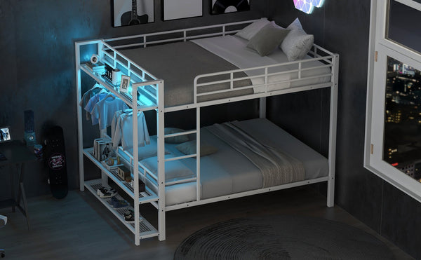 English Elm Full Size Metal Bunk Bed With Led Lights, Storage Shelves & Hooks - Stylish Space-Saver In White N7090000667K