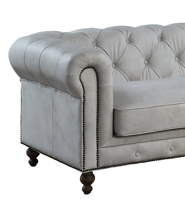 English Elm Ofer Vintage Antique White Top Grain Leather Sofa with Button Tufting, Nailhead Trim, Removable Covers B2726P407628