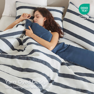 English Elm 3-piece Yarn-dyed Woven Stripe Comforter Set with Seersucker Texture for Full Queen Beds Blue B035P463219