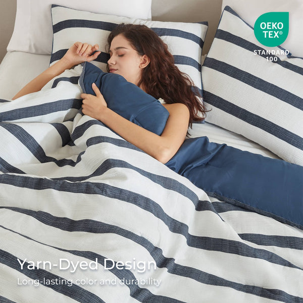 English Elm 3-piece Yarn-dyed Woven Stripe Comforter Set with Seersucker Texture for Full Queen Beds Blue B035P463219