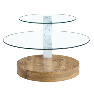 English Elm Contemporary Dual Tier Oval Glass Coffee Table with Marble and Wood Tone Base W1151P233589
