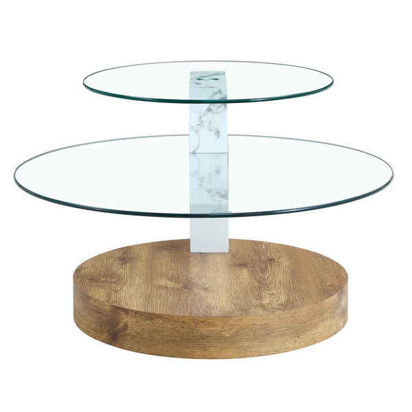 English Elm Contemporary Dual Tier Oval Glass Coffee Table with Marble and Wood Tone Base W1151P233589