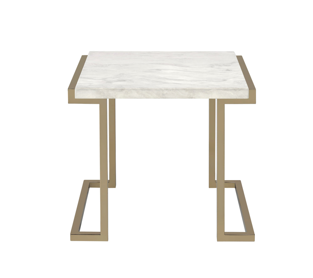 English Elm Boice Champagne Faux Marble Top End Table with Champagne Metal "C" Base, KD Assembly, Modern Glam Finish B2726P410329