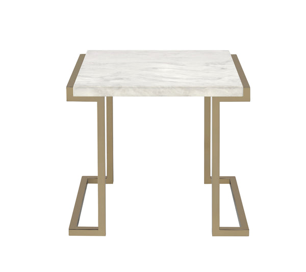 English Elm Boice Champagne Faux Marble Top End Table with Champagne Metal "C" Base, KD Assembly, Modern Glam Finish B2726P410329