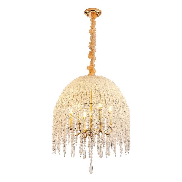 English Elm 20 6-Light K9 Crystal Pendant Chandelier, Gold Waterfall Bead Strings, Adjustable Height, Elegant W2312P368720