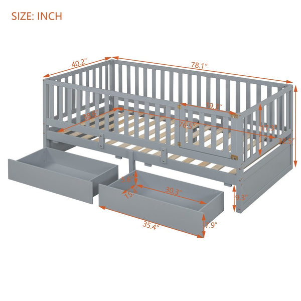 English Elm Twin Pinewood Daybed with Fence Guardrails Two Storage Drawers and Split Floor Bed Gray LP200881AAE