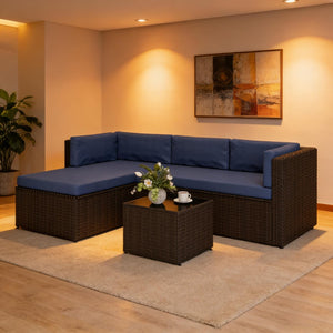 English Elm Comfortable Outdoor 3 Piece Pe Wicker Patio Set with Chaise Sofa and Glass Table Dark Brown,Navy Blue T3971S00210