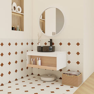 English Elm 30" Floating Wall Mount Bathroom Vanity Open Shelf Ceramic Vessel Sink Modern White White + Light Oak,White+Black W3450S00060