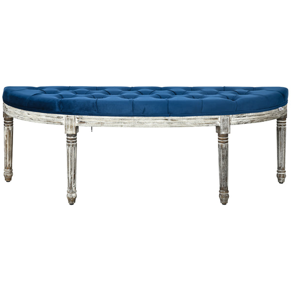 English Elm HOMCOM Vintage Semi-Circle Upholstered Entryway Bench with Tufted Velvet-Touch Seat and Rubberwood Legs Blue W2225P217019