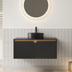 English Elm Dina Floating Bathroom Vanity Sintered Stone Top Glass Basin Striped Plywood Cabinet W2615S00525