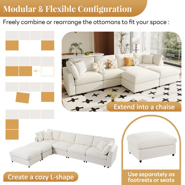 English Elm U_style Six Seat Chenille U Shaped Sectional Modular Sofa with Movable Ottomans Beige WY000474AAA