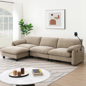 English Elm 108" Modular Sectional Sofa with USB & Type-C Chargers, Phone Cradle, Side Pockets, Movable Ottoman Light Khaki+Beige N723S7039D