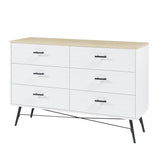 English Elm 6 Drawer Dresser For Bedroom With Deep Drawers, Wood Dressers & Chest Of Drawers, Modern White Long Dressers For Closet Living Room, 47.2"W X 15.7"D X 31.5"H, White & Oak