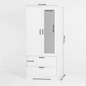 English Elm 2 Door White Wardrobe Closet with Mirror Hanging Rod Drawers and Auto Interior Light W409P167477