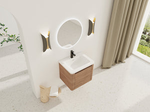English Elm 24'' 24" Wall-Mounted Bathroom Vanity with Ceramic Sink, Soft-Close Door, Plywood Build, Space-Saving Design Imitative Oak W999P317928