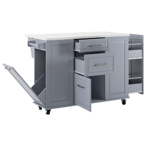 English Elm K&K Vintage Convex Kitchen Island Cart with Faux Marble Top, Tilt Trash, Pull-Out Organizer, Wheels Grey+Blue N707P299008G