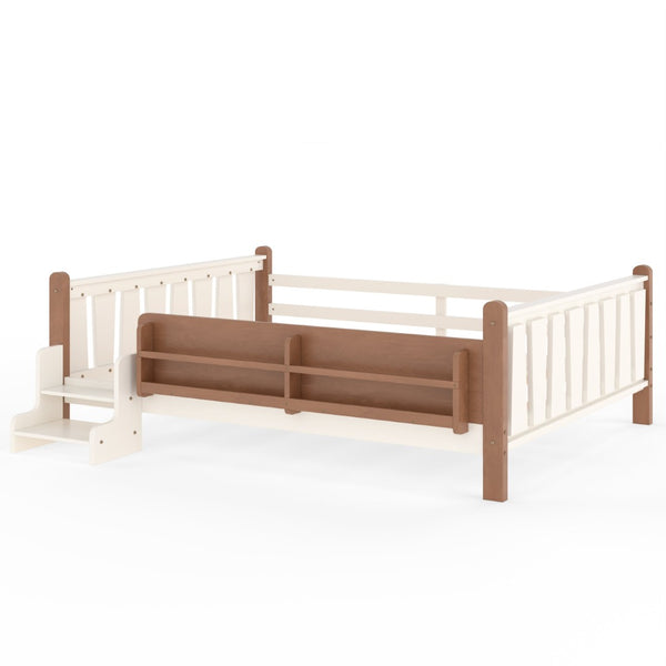 English Elm Queen Bunk Bed with Trundle Solid Pine Kids Car Themed Frame Built-in Bookshelf Beige+Natural W1580S00536