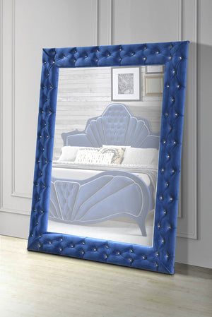 English Elm Dante Blue Velvet Floor Mirror with Tufted Crystal Buttons, 37"x59" Padded Frame, No Assembly Needed B2726P244351