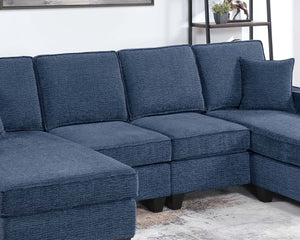 English Elm 3pc Chenille Sectional Sofa Set with Usb Charging Navy Modular Living Room Seating B011S02193