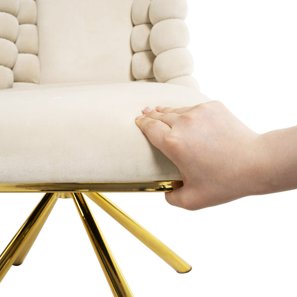 English Elm Dining Velvet Swivel Chairs Set of 2 with Hairball Backrest, Gold Metal Legs, Plush Foam Seat, Adjustable Feet Beige W757P281151