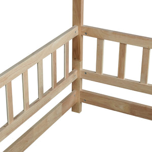 English Elm Twin House Frame Floor Bed Rubberwood with Roof Canopy and Safety Rails for Kids Natural W504P429345