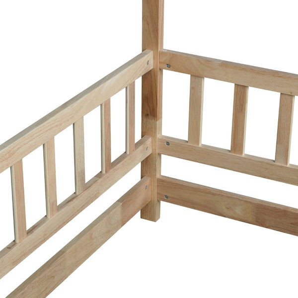English Elm Twin House Frame Floor Bed Rubberwood with Roof Canopy and Safety Rails for Kids Natural W504P429345