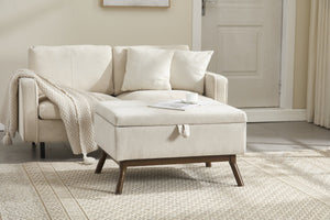 English Elm Mid-century square storage bench with solid wood frame, microfiber upholstery, versatile ottoman seat and tabletop functionality for living room and entryway appeal Beige W1539P269651