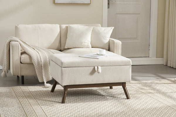 English Elm Mid-century square storage bench with solid wood frame, microfiber upholstery, versatile ottoman seat and tabletop functionality for living room and entryway appeal Beige W1539P269651