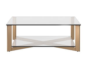 Sunpan Xavier Coffee Table - Modern Tempered Glass with Antique Brass Frame, Perfect for Stylish Decor Square - 43.25W x 43.25D x 16H